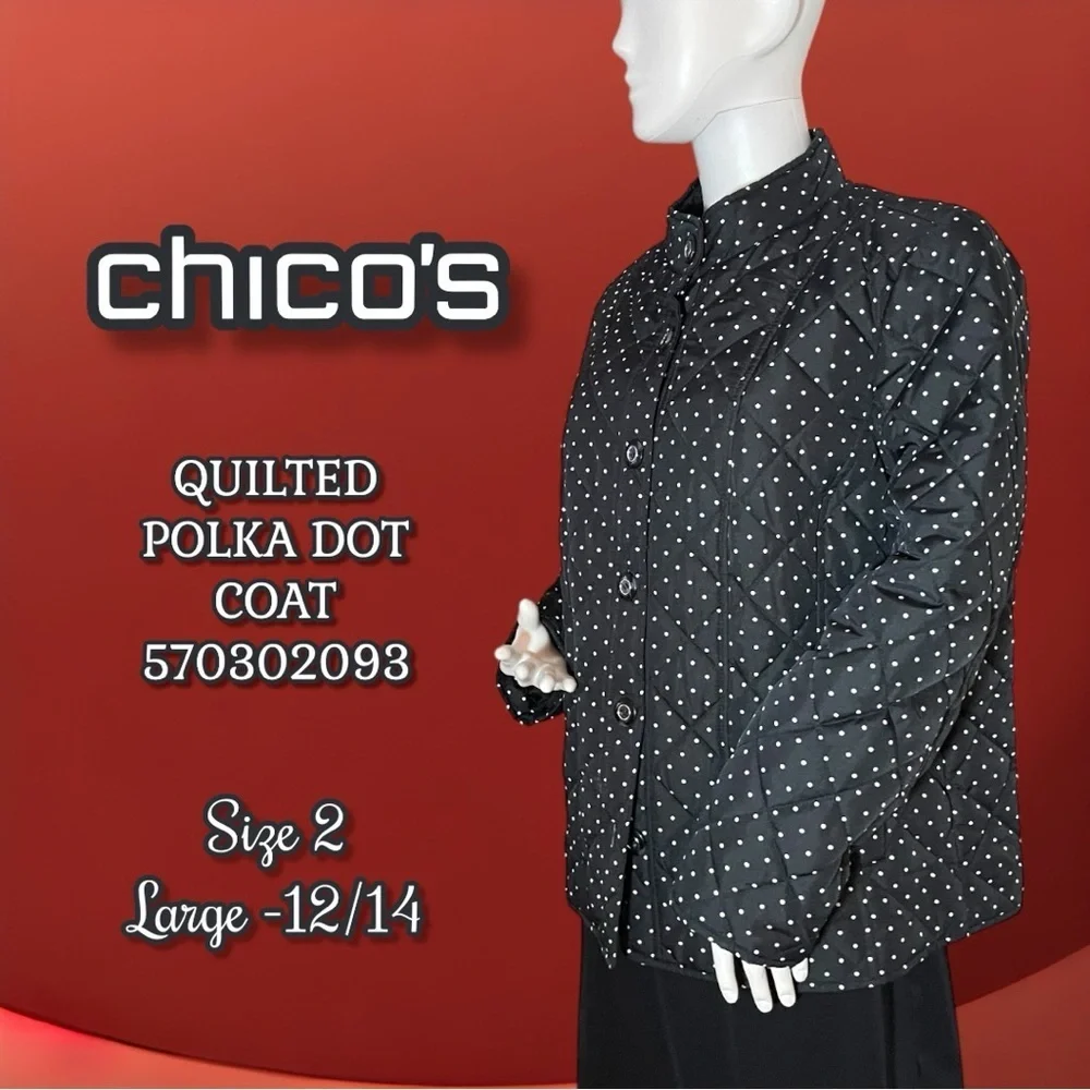 NWT CHICO’S $139 Black Polka-Dot Mandarin Collar Quilted Jacket 2 (Large 12/14) - Picture 3 of 16